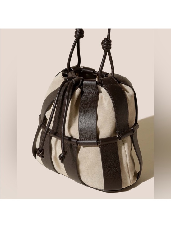Hereu Handbags - Canvas and Leather Drawstring Crossbody Bag in Cream and Dark Brown